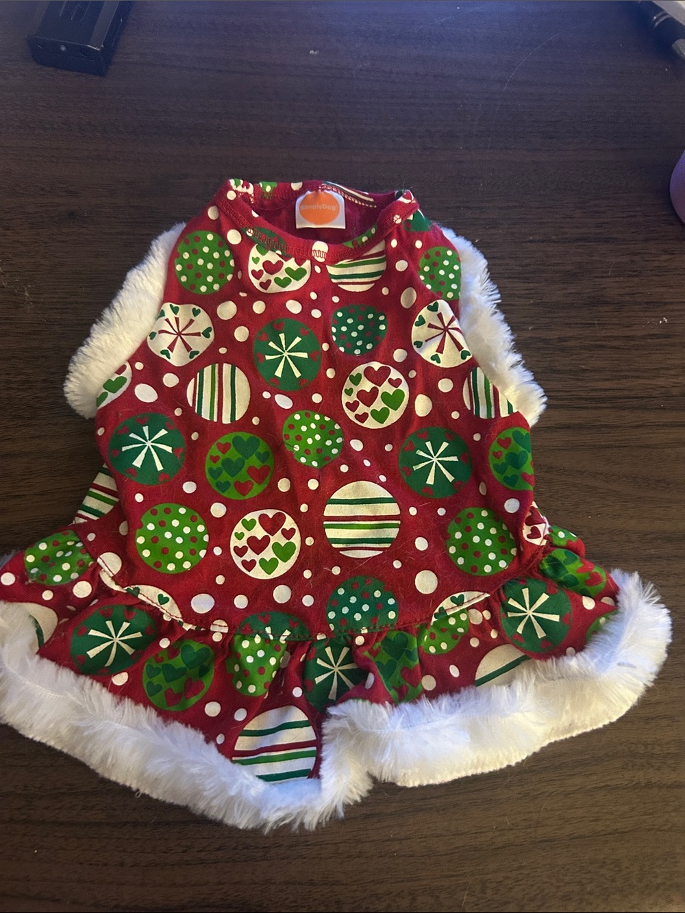 Holiday Red & Green Dog Dress with White Faux Fur Trim